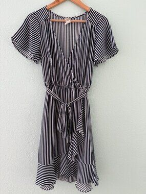 naif Blue‎ White Stripe Faux Wrap Ruffle Dress Size Medium
